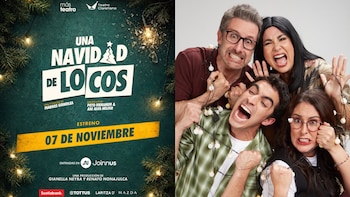 Afiche publicitario de la obra Una Navidad de Locos y cuatro actores enredados en luces navideñas con expresiones faciales exageradas