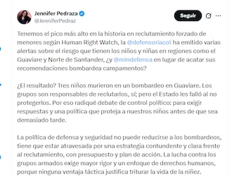 La congresista Jennifer Pedraza cuestionó al Gobierno de De la Espriella por bombardeo en Guaviare en el que murieron menores de edad - crédito @JenniferPedraz/X