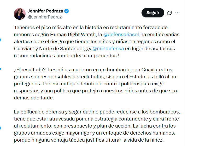 La congresista Jennifer Pedraza cuestionó al Gobierno de De la Espriella por bombardeo en Guaviare en el que murieron menores de edad - crédito @JenniferPedraz/X