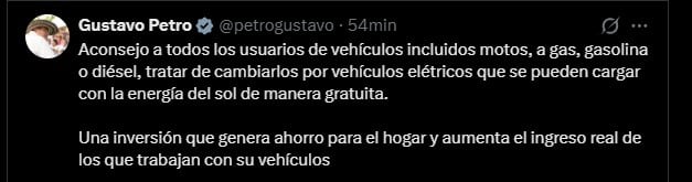 El presidente Gustavo Petro recomendó a los usuarios de vehículos en Colombia migrar hacia opciones eléctricas - crédito Gustavo Petro/X