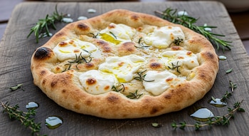 Focaccia di Recco recién horneada sobre tabla de madera, con una corteza dorada y burbujas de queso stracchino derretido, adornada con romero y aceite de oliva.