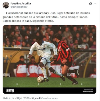Asprilla describió a Baresi como uno de los grandes defensores de la historia del fútbol, en su publicación - crédito @TinoasprillaH/X