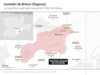 Mapa con extensión del incendio en Brieva (Segovia). (Europa Press)