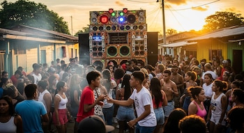 Multitud de jóvenes en una fiesta callejera. Un gran sistema de sonido y casas se ven al fondo. Cae el atardecer. Dos hombres jóvenes dialogan.