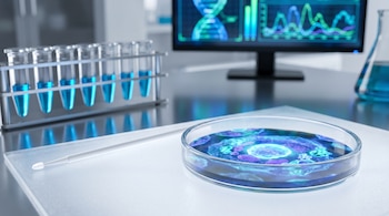 Un cepillo citológico bucal, una placa de Petri con una muestra celular, tubos de PCR con líquido azul y un monitor con gráficos de análisis genético.