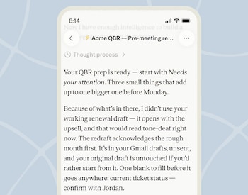 Pantalla de teléfono móvil con texto en inglés. Se observan la hora 8:14, el título 'Acme QBR – Pre-meeting re...' y los íconos de señal y batería