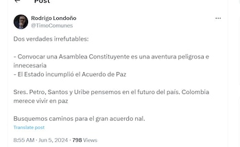 Rodrigo Londoño dijo que convocar una constituyente era una "aventura peligrosa e innecesaria" - crédito @TimoComunes