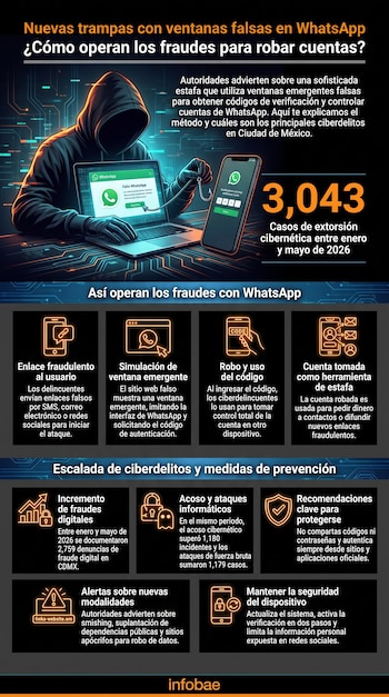 Hacker encapuchado frente a laptop y smartphone, con pantallas mostrando una interfaz falsa de WhatsApp. Infografía con datos sobre fraudes.