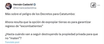El congresista detalló que el decreto de expropiación administrativa en el Catatumbo, contempla entrega de tierras a excombatientes de las Farc - crédito @hernancadavidma/X