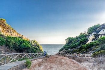 Pasarela de madera y camino de tierra entre acantilados con vegetación que descienden hacia el mar bajo un cielo despejado
