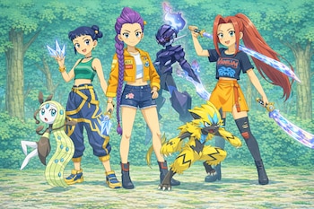 Ilustración de tres mujeres jóvenes al estilo anime con atuendos modernos de Kpop, cada una acompañada por un Pokémon distinto, en un bosque.