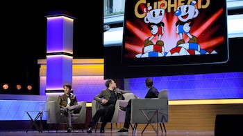 Todd Howard, Elon Musk, and Geoff Keighley speak onstage at the Elon Musk in Conversation with Todd Howard panel during E3 2019 at the Novo Theatre on June 13, 2019 in Los Angeles, California.