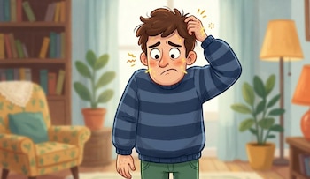 Ilustración de un hombre con suéter a rayas rascándose la cabeza y la cara, con piel enrojecida y chispas amarillas. Hay una silla y estantería al fondo