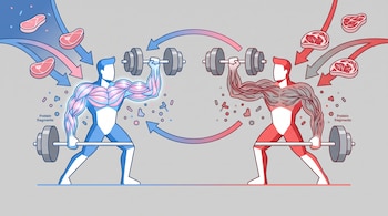 Ilustración de dos figuras levantando pesas. Una recibe carne magra, sus músculos son rosados. La otra recibe carne grasa, sus músculos son rojos. Fragmentos de proteína flotan.