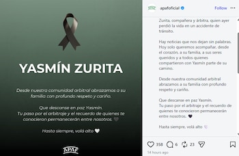 La Asociación Provincial de Árbitros de Fútbol despidió a Yasmín Zurita con mensajes de acompañamiento a su familia