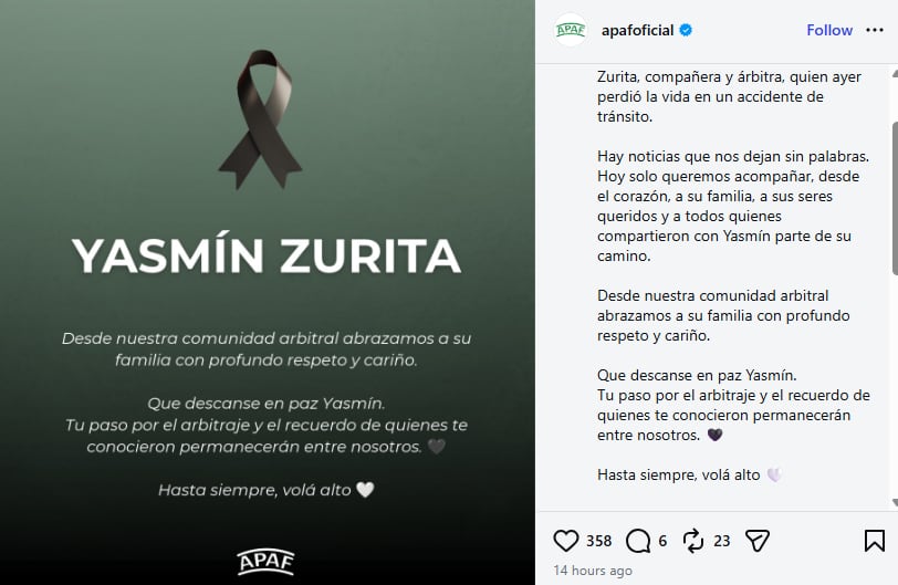La Asociación Provincial de Árbitros de Fútbol despidió a Yasmín Zurita con mensajes de acompañamiento a su familia