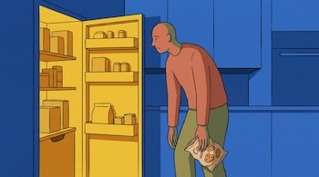 Ilustración de una persona de pie frente a una alacena abierta con luz amarilla, sosteniendo una bolsa de galletas en una cocina azul.