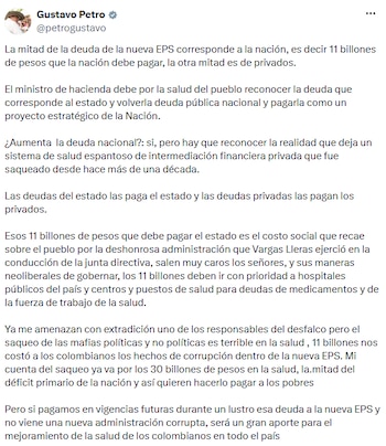 Petro pidió convertir en deuda pública la parte del pasivo que, según él, corresponde al Estado y defendió priorizar recursos para la red hospitalaria. - crédito @petrogustavo/X