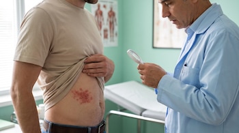 Un doctor sostiene una lupa cerca de la erupción rojiza en el costado del abdomen de un paciente.