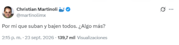 Captura de pantalla de una publicación de Christian Martinoli con el texto: Por mi que suban y bajen todos. ¿Algo más?