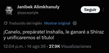 El kazajo Janibek Alimkhanuly lanzó un reto directo a Saúl “Canelo” Álvarez antes del combate esperado entre el mexicano y Christian Mbilli. Alimkhanuly (captura de pantalla)