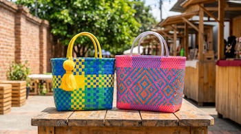 Dos canastas de zuncho coloridas, una azul, verde y amarilla con borla, y otra rosa, azul y naranja, se posan sobre una mesa de madera al aire libre.