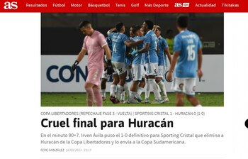 La portada de As de Argentina sobre la eliminación de Huracán de la Copa Libertadores.