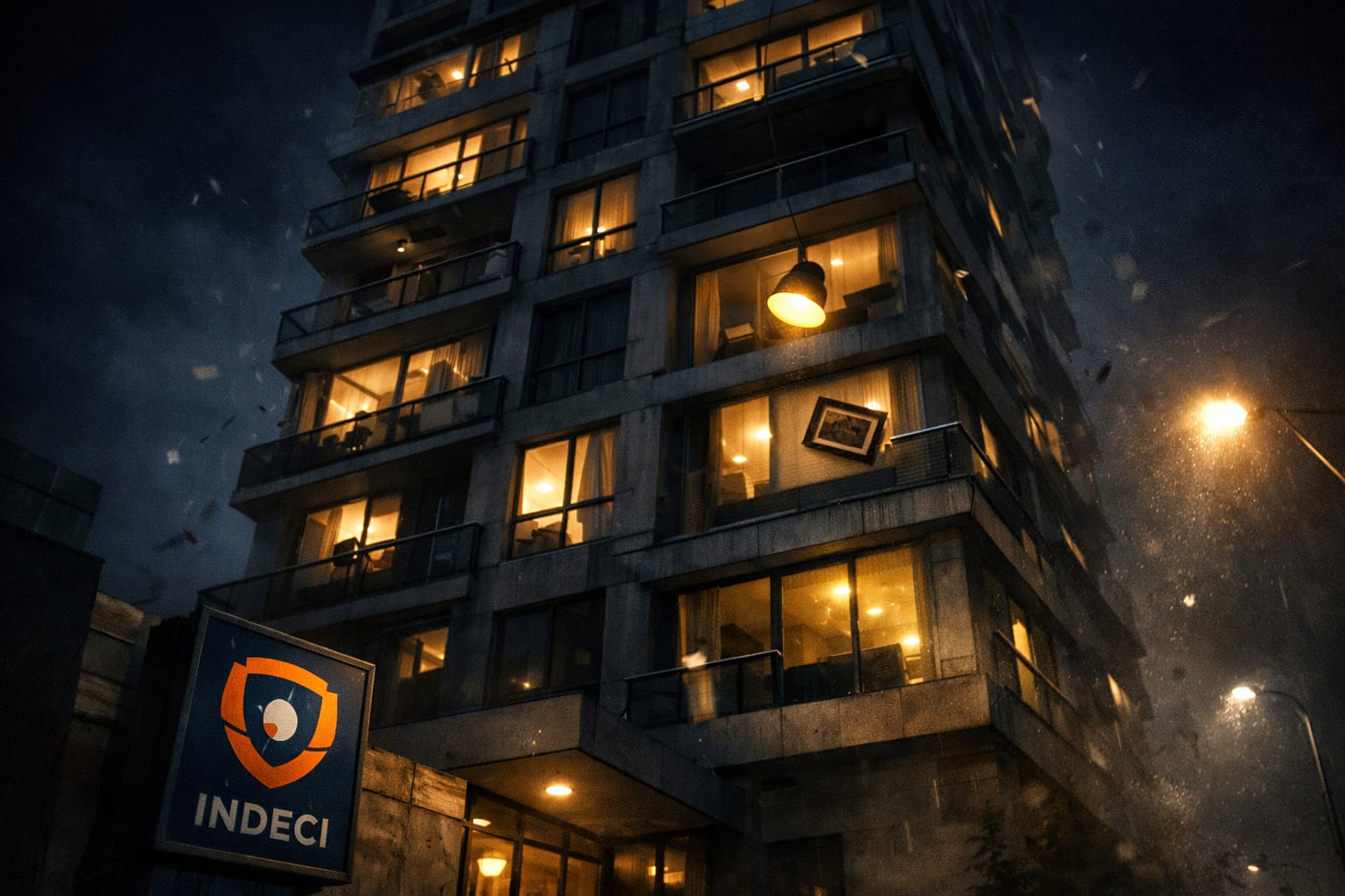 Un edificio de departamentos moderno durante la noche muestra luces encendidas y objetos movidos por un sismo, con un cartel del INDECI visible en la entrada. (Imagen Ilustrativa Infobae)