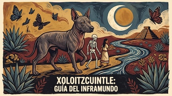 Ilustración de un xoloitzcuintle con un esqueleto, una mujer, una pirámide, la luna y el texto XOLOITZCUINTLE: GUÍA DEL INFRAMUNDO.