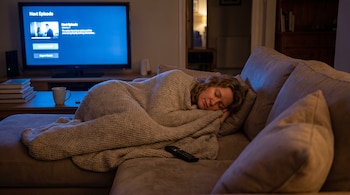 Mujer de unos 40 años duerme en sofá gris, cubierta con manta tejida clara. Televisor encendido y mando a distancia en el sofá.