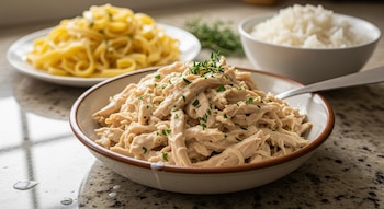 Un cuenco de pollo desmenuzado con salsa cremosa y perejil, una cuchara, un plato con pasta y un cuenco con arroz blanco sobre una superficie de granito.