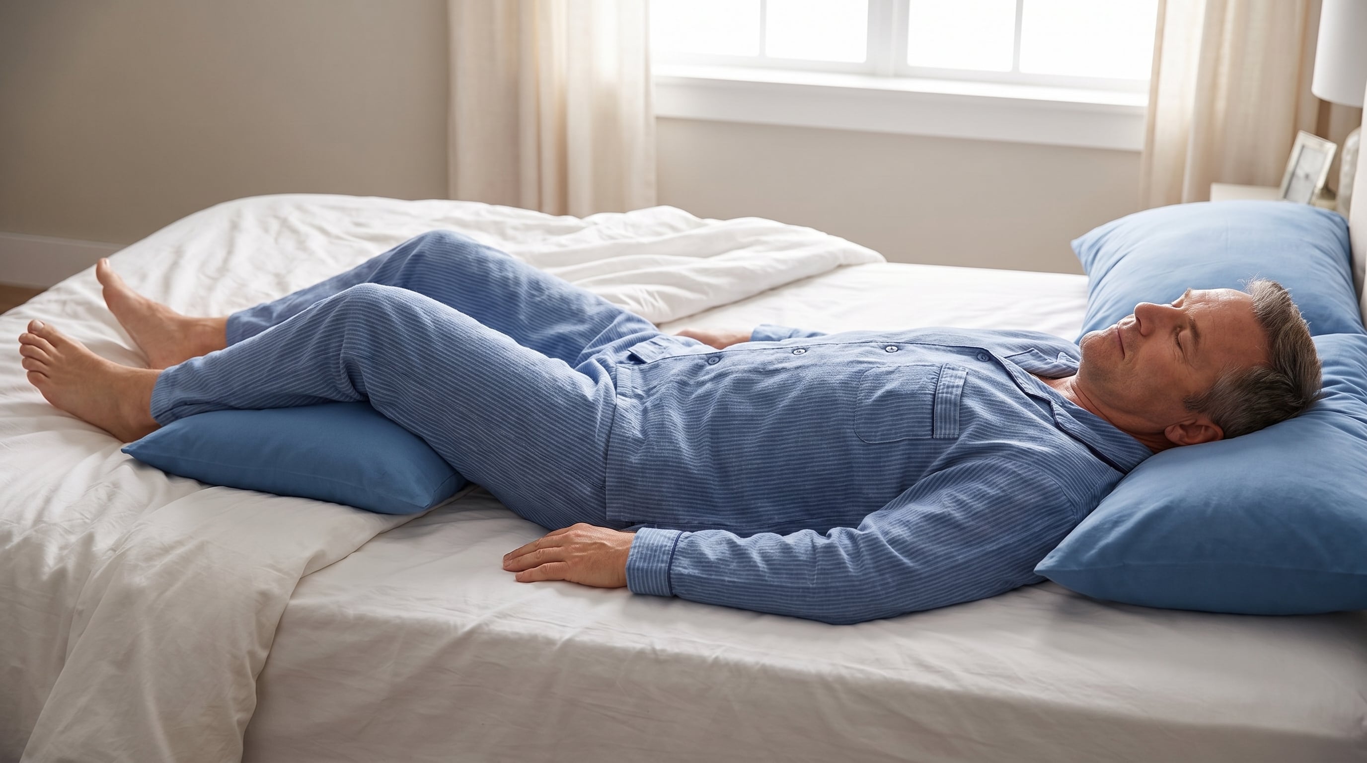 Colocar una almohada bajo las rodillas al dormir boca arriba promueve la curvatura natural de la zona lumbar y relaja los músculos (Imagen Ilustrativa Infobae)