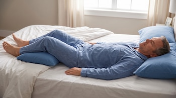 Hombre de mediana edad durmiendo boca arriba en una cama con sábanas blancas, vistiendo pijama azul. Una almohada azul bajo la cabeza y otra bajo las rodillas.