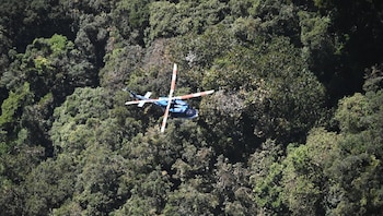 Helicóptero azul con hélices de rotores blancas y naranjas en vuelo sobre un paisaje de árboles verdes y vegetación densa