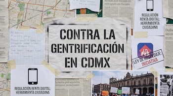 Collage de papeles pegados con cinta adhesiva, incluyendo el texto 'Contra la Gentrificación en CDMX', noticias, un mapa y una foto de protesta.