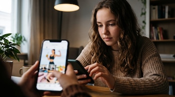 Una joven con suéter beige mira un teléfono móvil frente a otra persona que sostiene un teléfono con imágenes de fitness en la pantalla.