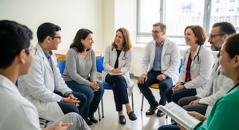 Un grupo de siete personas, incluyendo médicos con batas blancas y pacientes, sentados en círculo en una sala luminosa, conversan amigablemente. Algunos sonríen, uno sostiene un libro.
