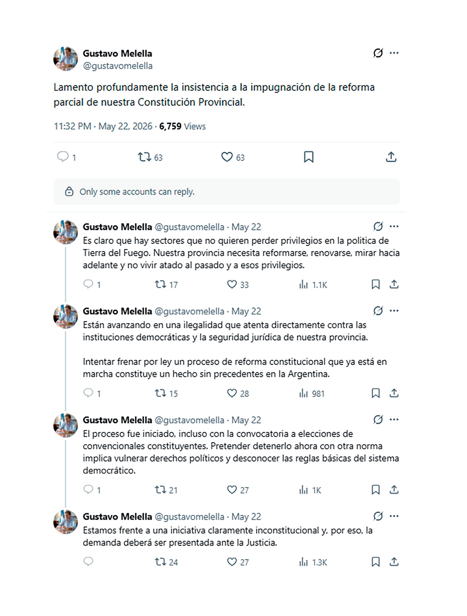 Gustavo Melella expresó su malestar lamento por la insistencia en la impugnación de la reforma parcial de la Constitución Provincial, a través de su cuenta de X