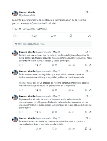 Captura de pantalla de la cuenta de Twitter de Gustavo Melella con varios tuits sobre la impugnación de una reforma constitucional provincial, mostrando métricas