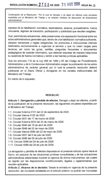 El Ministerio del Trabajo, bajo la dirección de Natalia López, anuló 11 circulares emitidas en la gestión previa al determinar que varias de ellas fijaban obligaciones, procedimientos o criterios que superaban el marco permitido para este tipo de documentos - crédito Ministerio del Trabajo