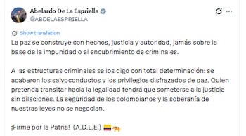 Abelardo de la Espriella envió un fuerte mensaje a las estructuras criminales - crédito captura de pantalla @ABDELAESPRIELLA/X
