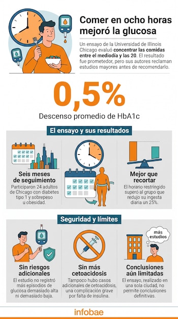 Infografía con ilustraciones de un reloj, un glucómetro, un hombre comiendo, calendarios y un gráfico de barras sobre fondo claro.