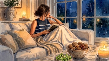 Ilustración de una mujer en un sofá junto a una ventana durante una lluvia nocturna, con velas encendidas y recipientes con kiwi y nueces.