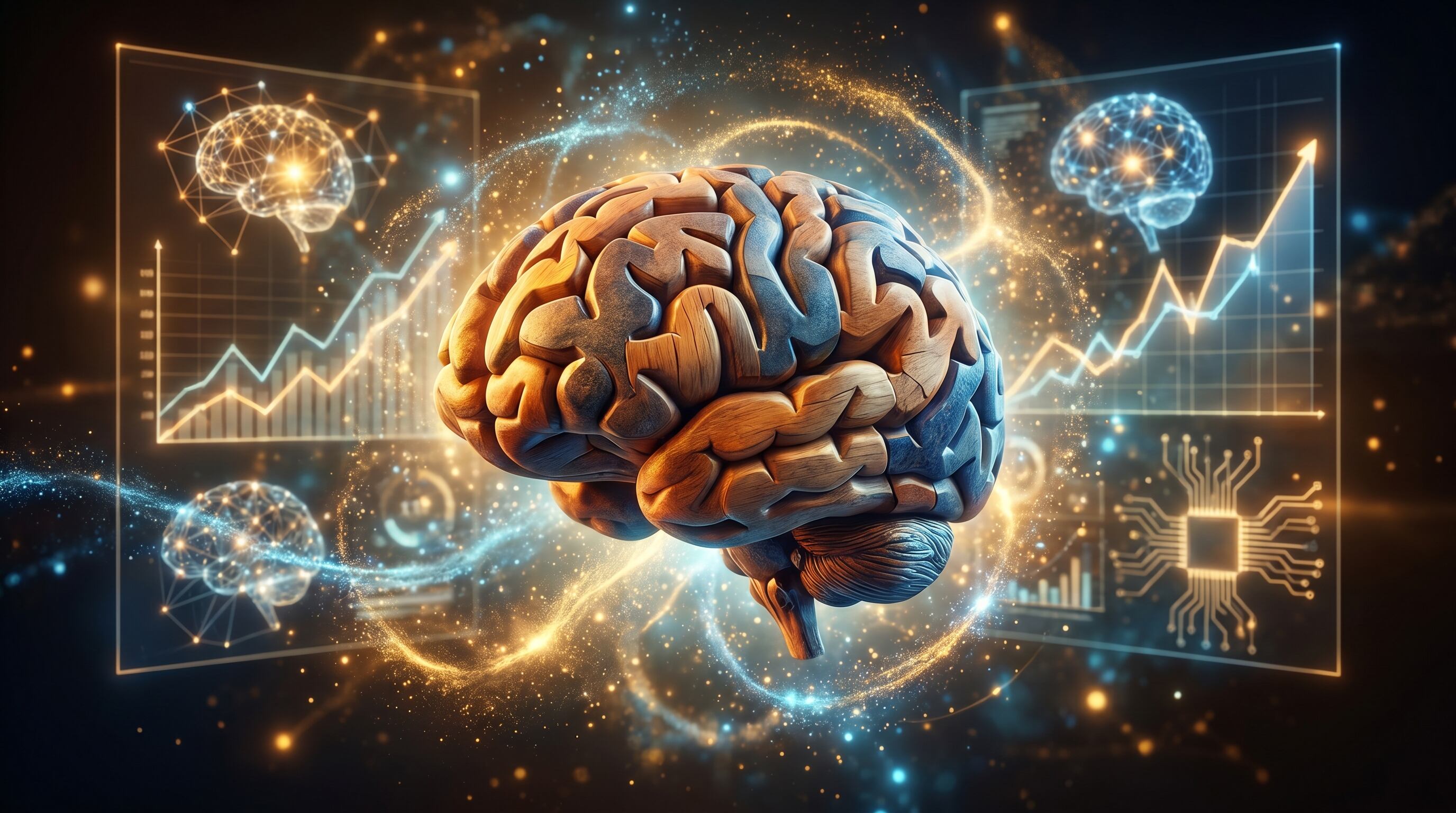 Una representación abstracta del cerebro como capital, con destellos y gráficos ascendentes que simbolizan su valor económico y social en redes neuronales globales. (Imagen Ilustrativa Infobae)