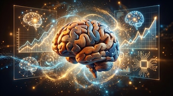 Un cerebro tridimensional de piezas de rompecabezas, con destellos dorados y azules. Al fondo, pantallas con gráficos ascendentes y redes neuronales.