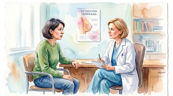 Ilustración en acuarela de una médica y una paciente sentadas en un consultorio con un cartel sobre detección temprana de mama.