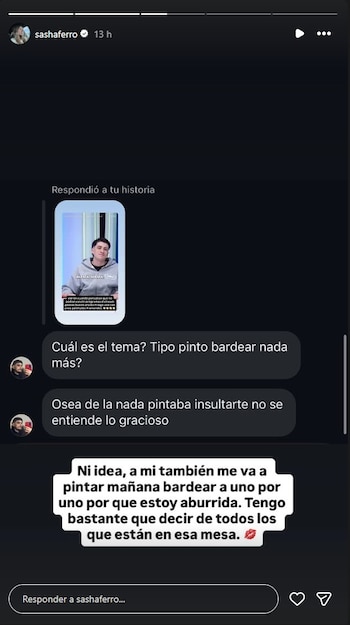 Captura de pantalla de una historia de Instagram con mensajes privados y texto superpuesto en color blanco sobre fondo negro