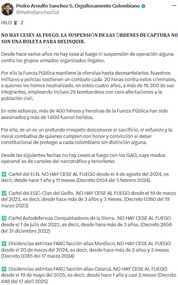 Ministro de Defensa negó cese al fuego y mantiene la ofensiva contra grupos armados en Colombia - crédito @PedroSanchezCol/X