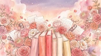 Seis libros en primer plano rodeados por rosas, peonías, cartas manuscritas, cintas de tela y tiras de película sobre fondo pastel.