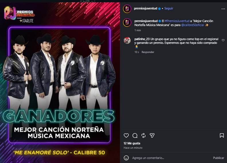 “Me Enamoré Solo” de Calibre 50 ganó la categoría.
